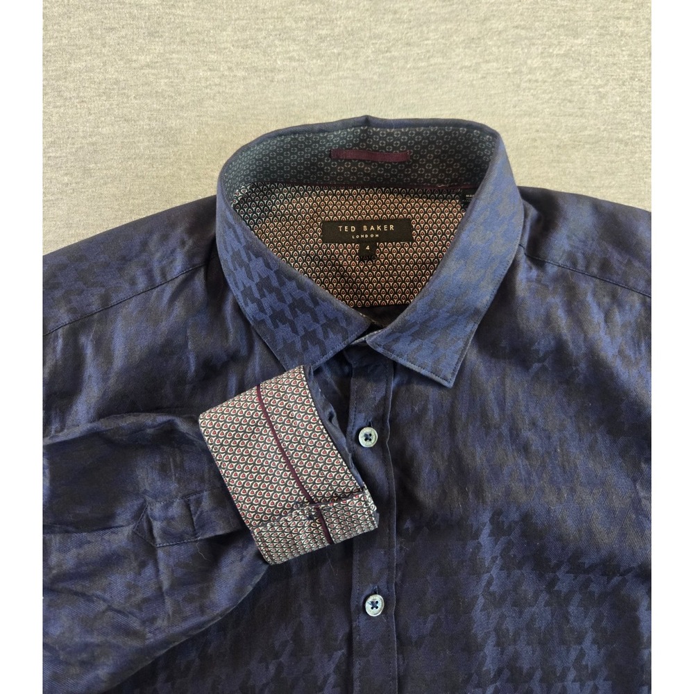 Ted Baker London Shirt L 4 Navy Geometric‎ Matlock Moth Long Sleeve Button Down